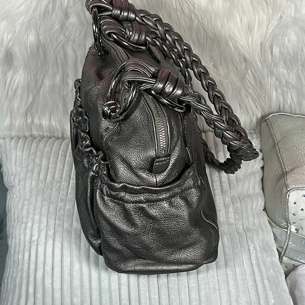 B. MAKOWSKI Pebbled Leather Hobo Bag A211928 Grey Pockets Braided Straps Classic
